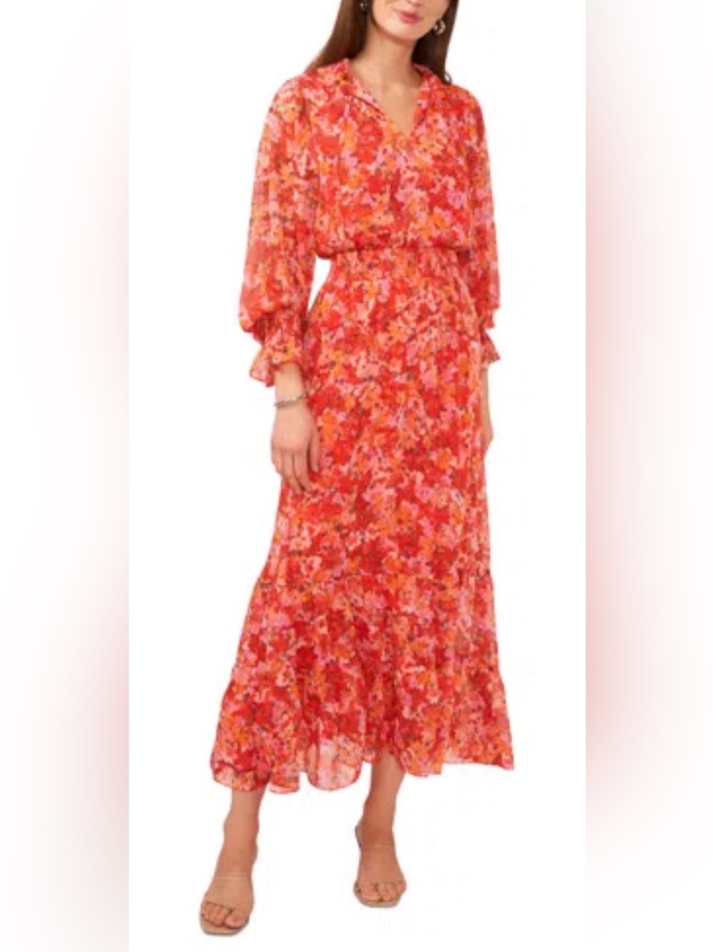 Vince Camuto Coral Pink Floral Tiered Maxi Dress